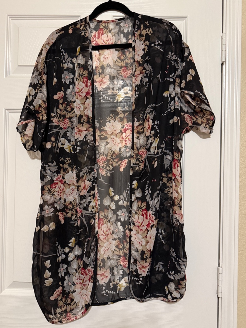 Black Sheer Floral Kimono Cardigan
